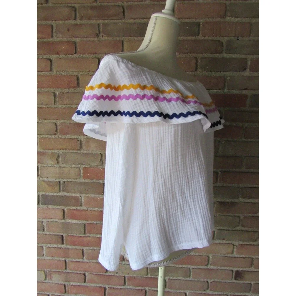 Off the Shoulder Top Womens L White Gibson x Hi Sugarplum! Santa Fe Rickrack